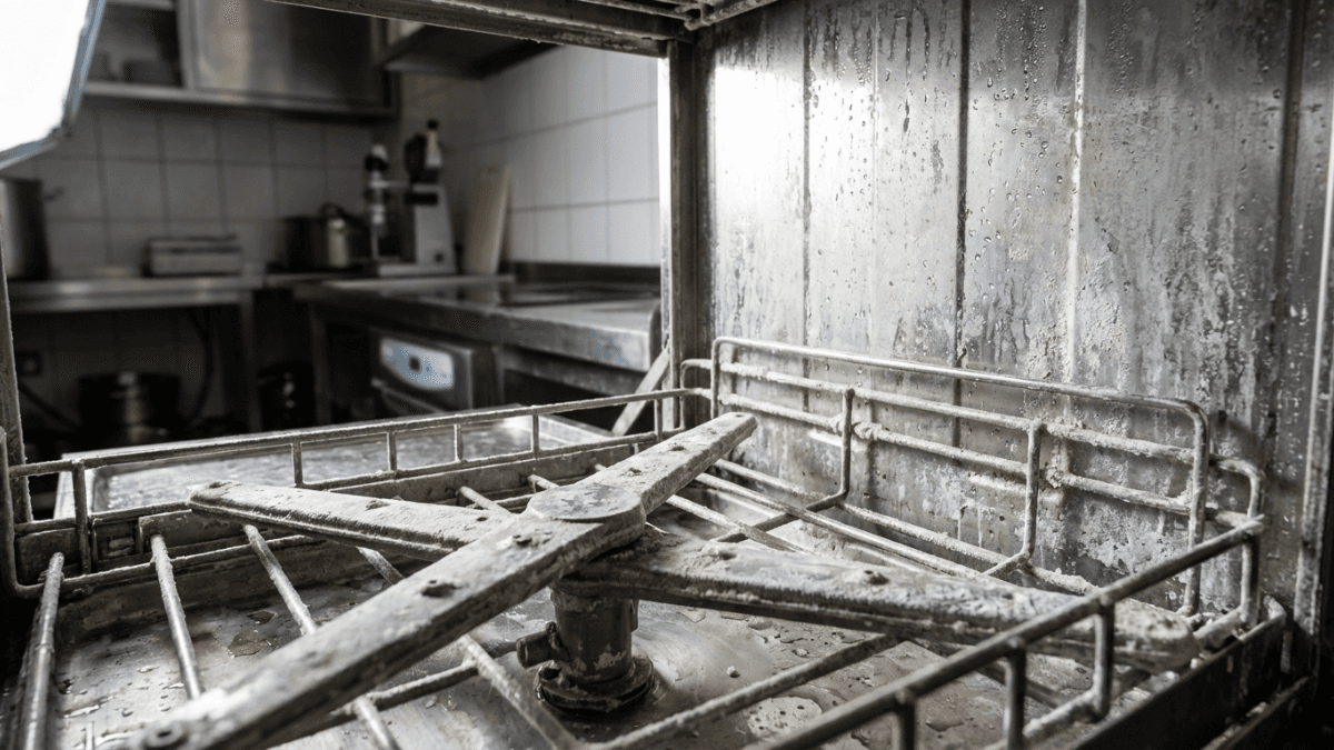 Commercial dishwasher in a restaurant kitchen