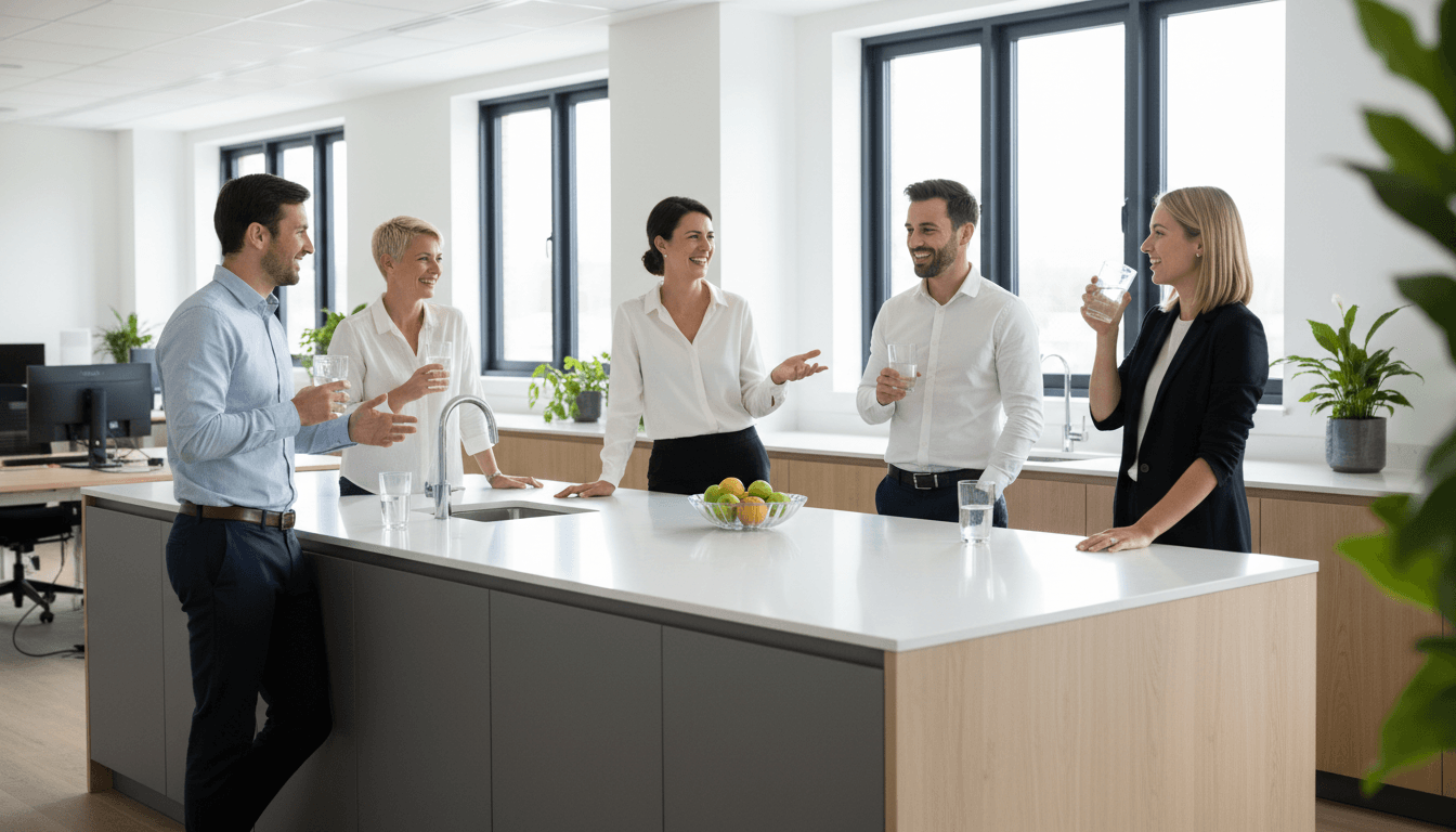 Staff taking a water break at an office water dispenser