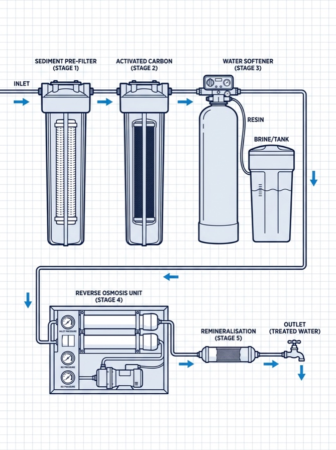 Five-stage water treatment schematic: sediment pre-filter, activated carbon, softener, compact reverse osmosis and remineralisation cartridge
